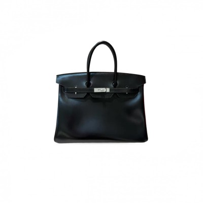 HERMES MASTER BIRKIN 40 BOX NOIR BLACK LEATHER SILVER BUCKLE BAG 635330 (40*30*21cm)